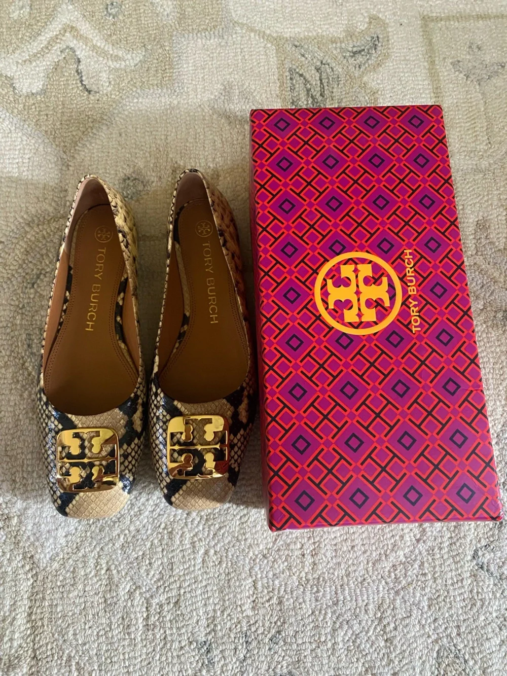 TORY BURCH Georgia Logo Snake Printed Leather Ballet Flats Women’s Size 9